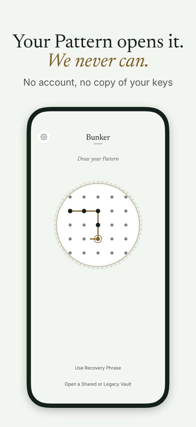 The Pattern screen in Bunker: a 5 by 5 dial of dots inside a brass ring, with the prompt to draw your Pattern.