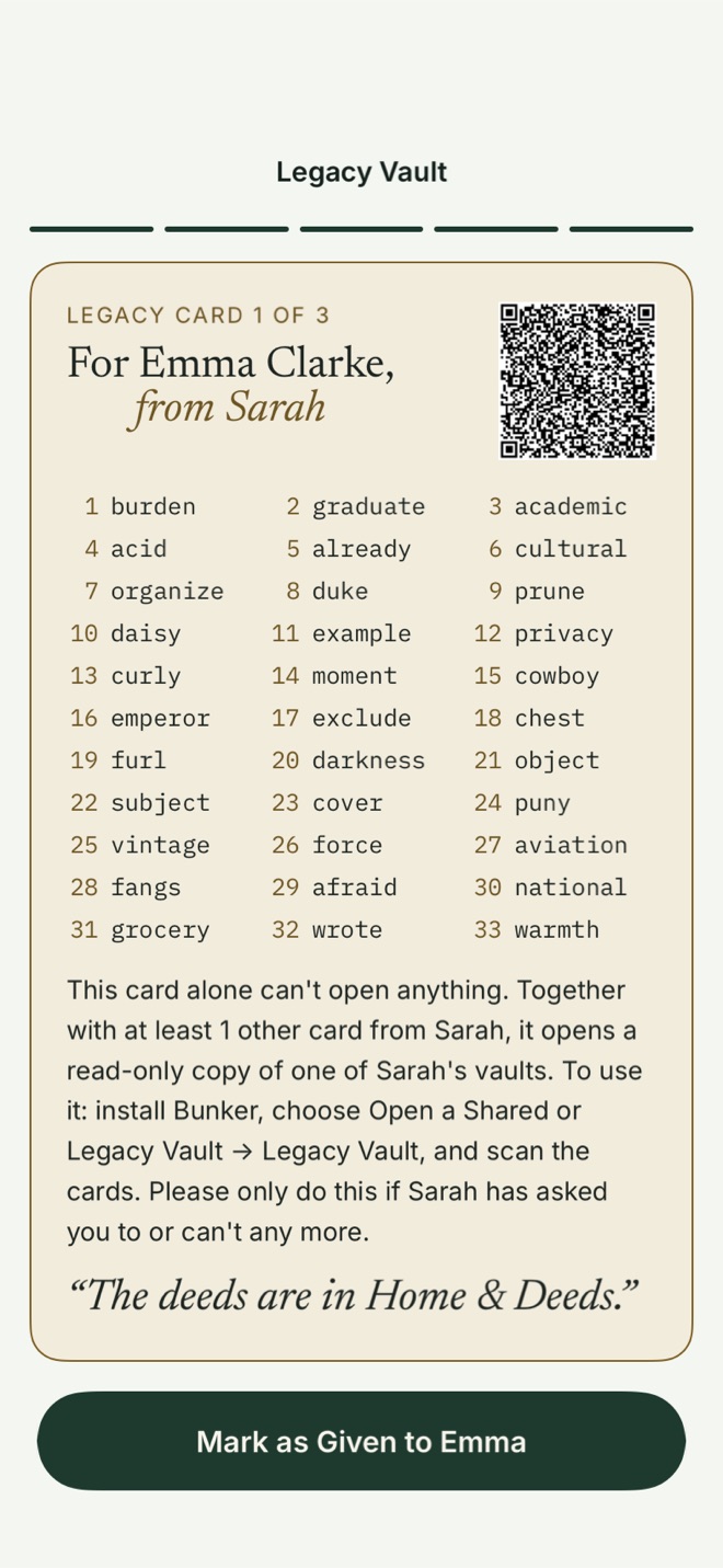 A Legacy Card for Emma Clarke from Sarah, card 1 of 3, with a QR code, 33 numbered words, instructions, and a personal note.