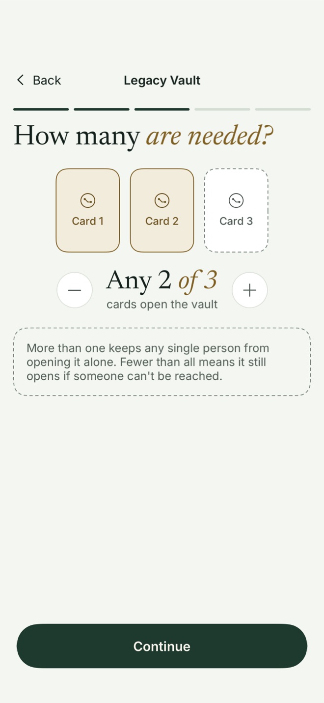 Bunker’s “How many are needed?” screen, set to any 2 of 3 cards, with the note that more than one keeps any single person from opening it alone.