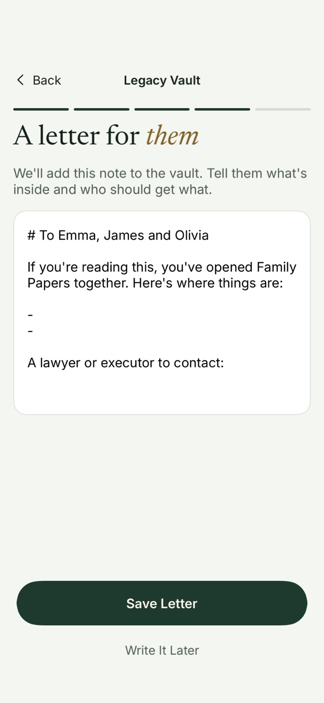 Bunker’s letter screen: “A letter for them”, addressed to Emma, James and Olivia, saying where things are in the Family Papers vault.