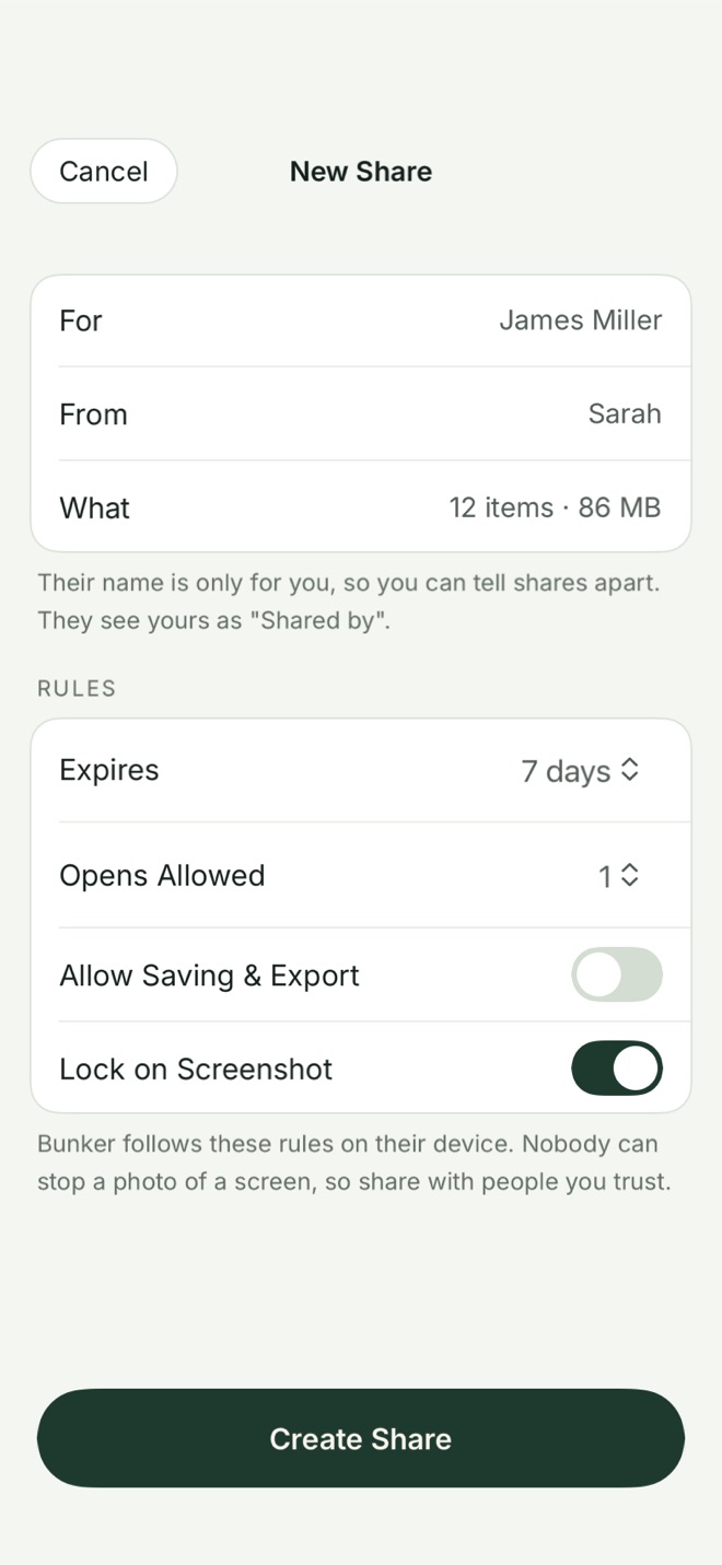 The New Share screen: For James Miller, From Sarah, 12 items, 86 MB, with rules for expiry, opens allowed, saving and export, and lock on screenshot.