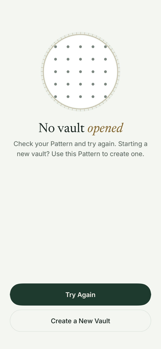 Bunker after a Pattern that opens nothing: an empty dial and the words No vault opened